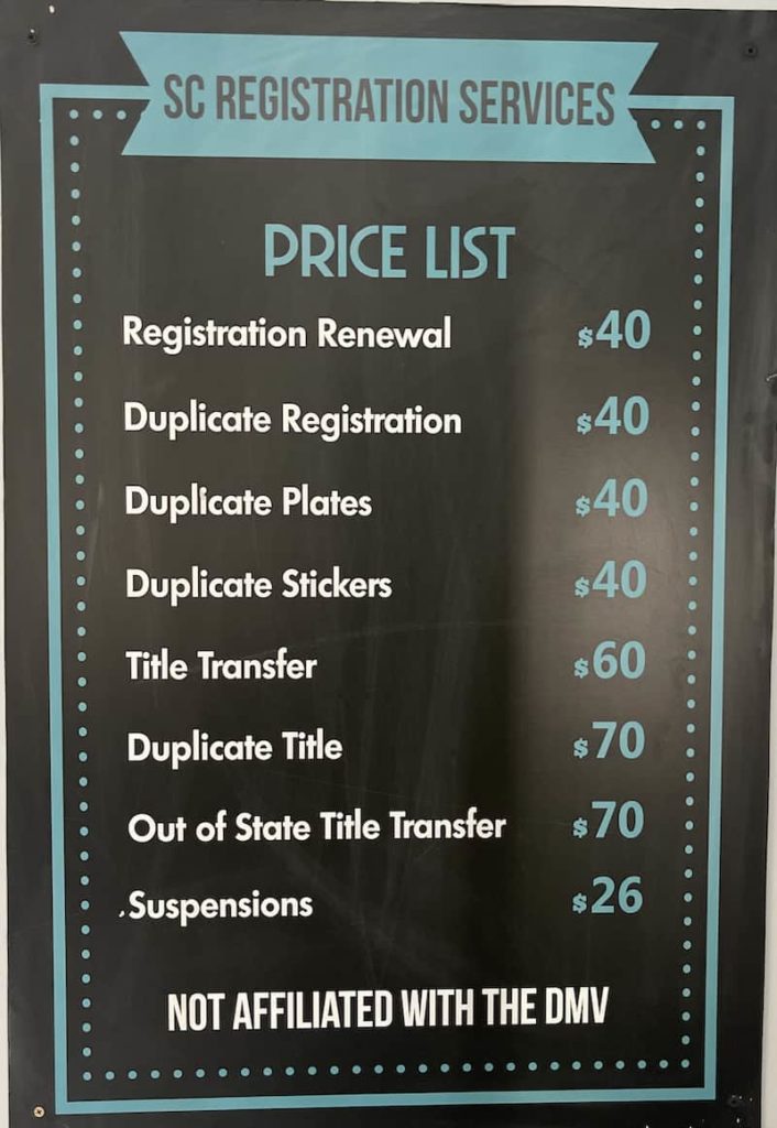 DMV Registration Services Colton Price List